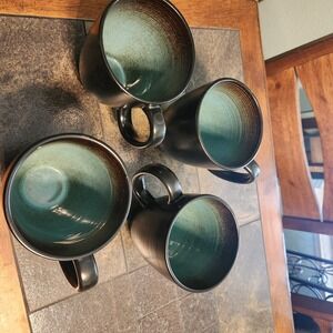 Over And Back R.S.V.P. Green Brown Stoneware Embossed Rings Coffee Mugs Set 4